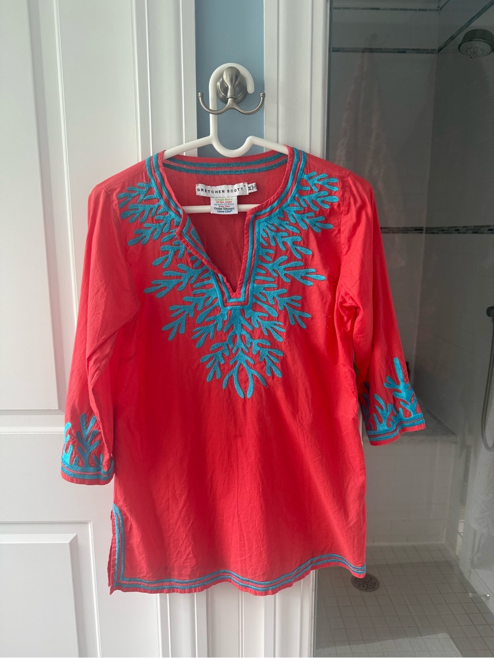 Gretchen Scott Coral Tunic with Turquoise Embroidery Accents - Ladies Medium - Picture 2 of 7